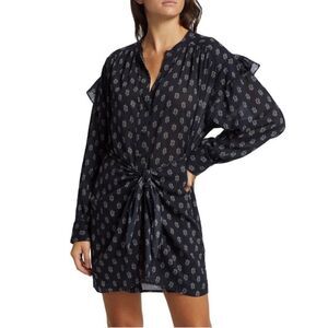 Xirena Suri Dress S Navy Blue Paisley Print Tie Front Cotton Poplin Shirt Dress
